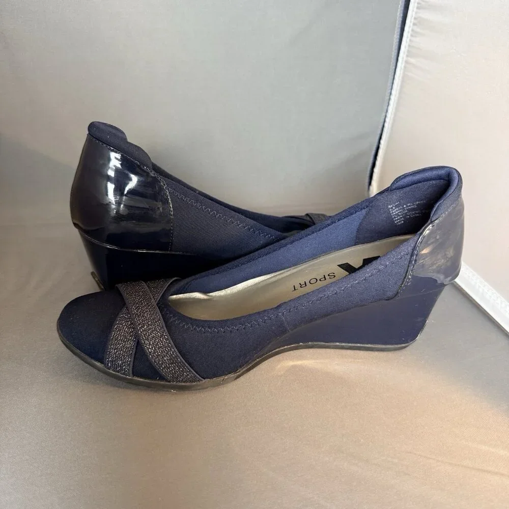 Anne Klein Sport Blue Glittering Criss Cross Strap Accent Slip On Wedges 8.5 - Picture 2 of 8